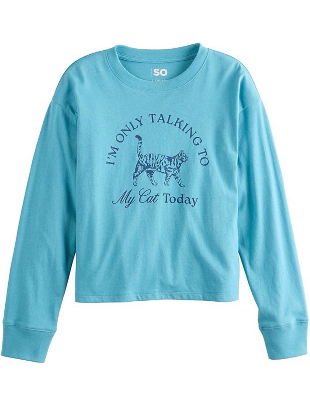 SO Light Blue Long-Sleeve boxy Tee with Cat Graphic size 8